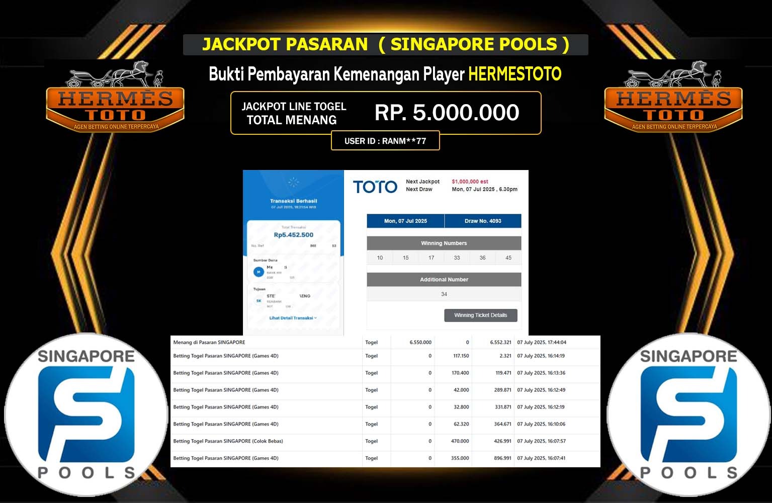 HERMESTOTO JACKPOT PASARAN SINGAPORE POOLS Rp.5.000.000,- LUNAS