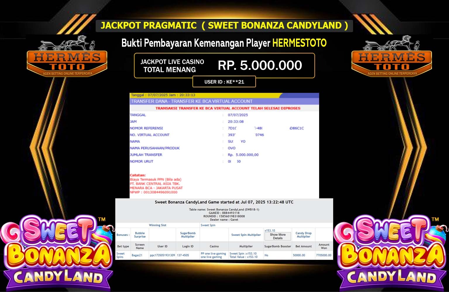 HERMESTOTO JACKPOT LIVE CASINO SWEET BONANZA CANDYLAND Rp.5.000.000,- LUNAS