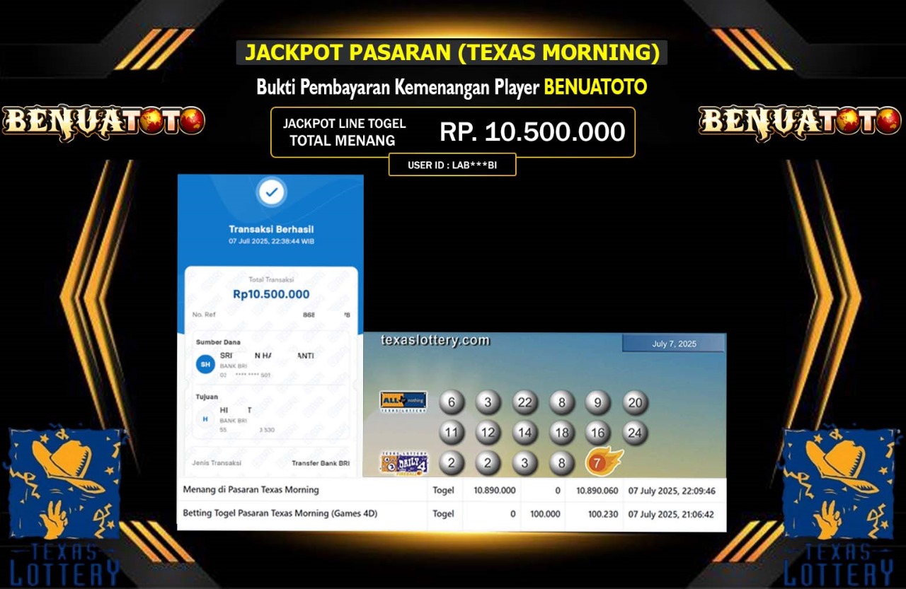 BENUATOTO JACKPOT PASARAN TEXAS MORNING Rp.10.500.000,- LUNAS