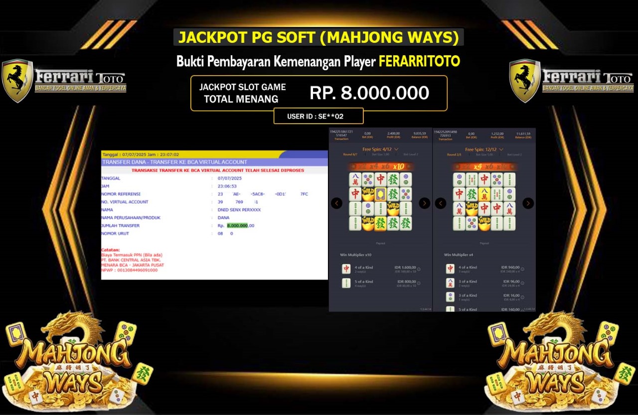 FERARRITOTO JACKPOT SLOT MAHJONG WAYS Rp.8.000.000,- LUNAS