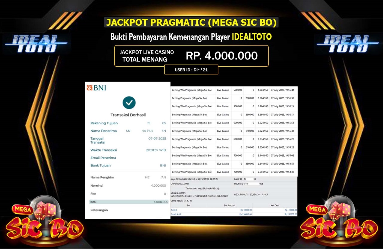 IDEALTOTO JACKPOT LIVE CASINO MEGA SIC BO Rp.4.000.000,- LUNAS