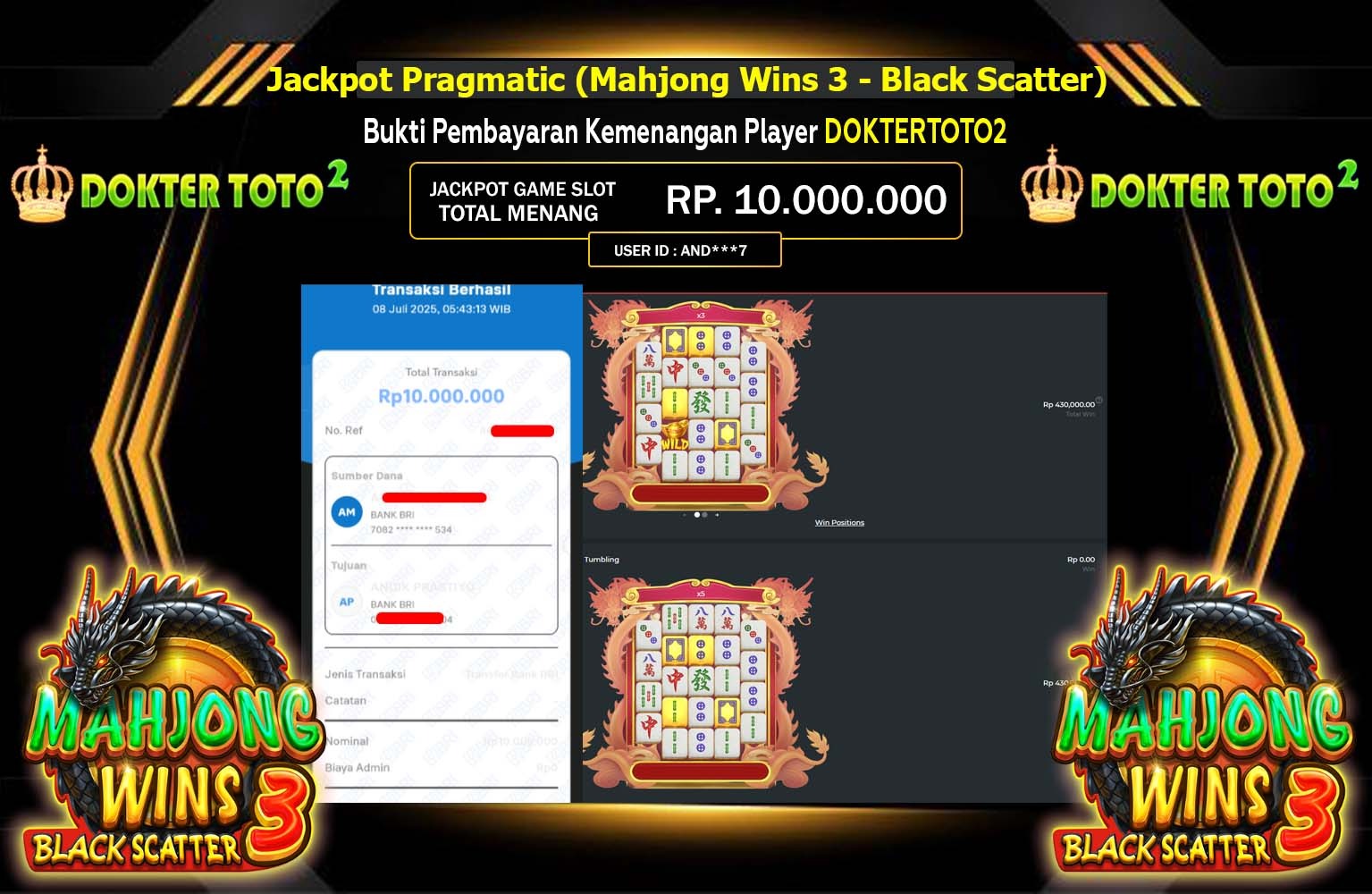 DOKTERTOTO2 JACKPOT Pragmatic (Mahjong Wins 3 - Black Scatter) Rp.10.000.000,- LUNAS