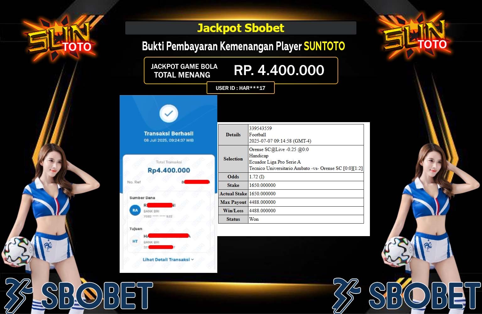 SUNTOTO JACKPOT SPORTSBOOK SBOBET Rp.4.400.000,- LUNAS