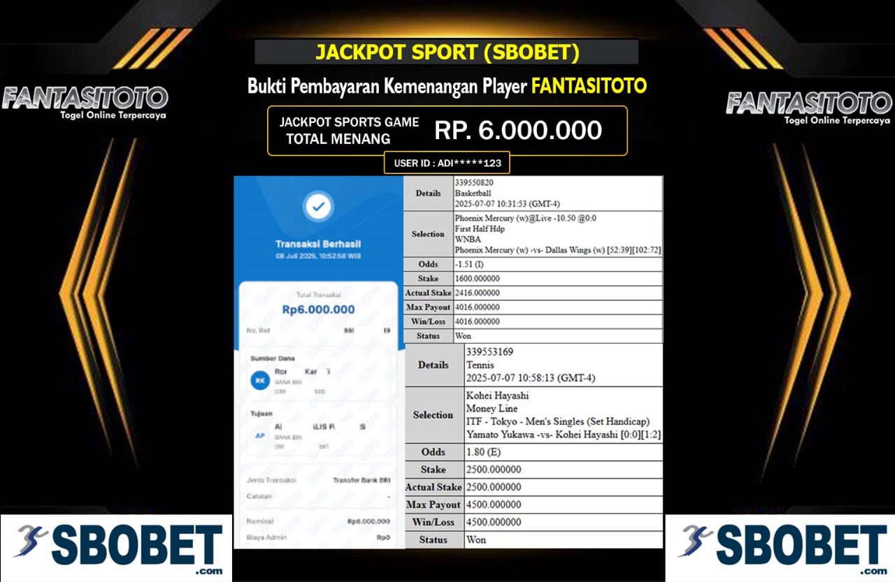 FANTASITOTO JACKPOT SPORTSBOOK SBOBET Rp.6.000.000,- LUNAS