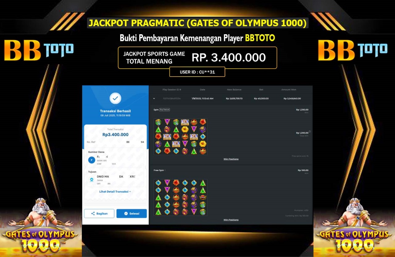 BBTOTO JACKPOT PRAGMATIC (GATES OF OLYMPUS 1000) Rp.3.400.000,- LUNAS