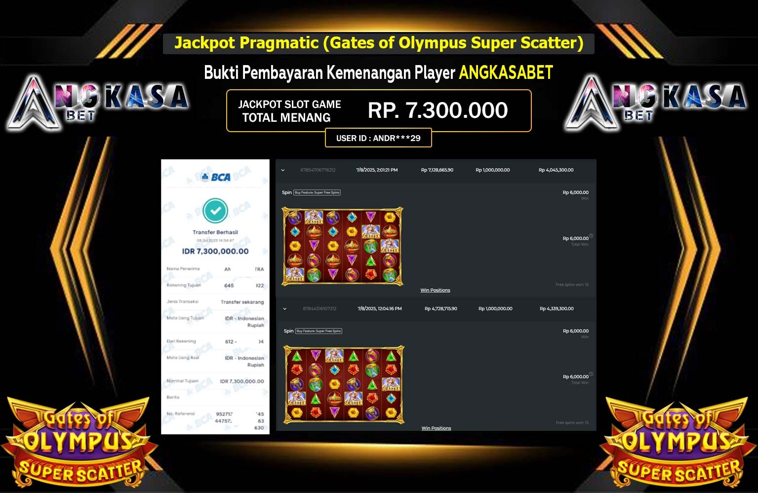 ANGKASABET JACKPOT SLOT GAME GATES OF OLYMPUS SUPER SCATTER  Rp.7.300.000,- LUNAS