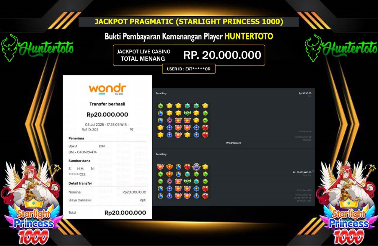 HUNTERTOTO JACKPOT PRAGMATIC (STARLIGHT PRINCESS 1000) Rp.20.000.000,- LUNAS