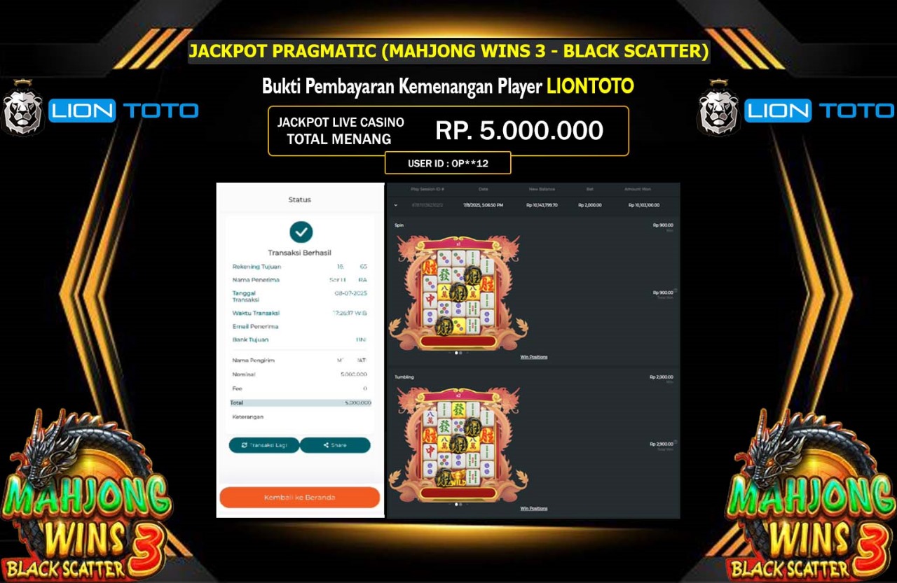LIONTOTO JACKPOT PRAGMATIC (MAHJONG WINS 3 - BLACK SCATTER) Rp.5.000.000,- LUNAS