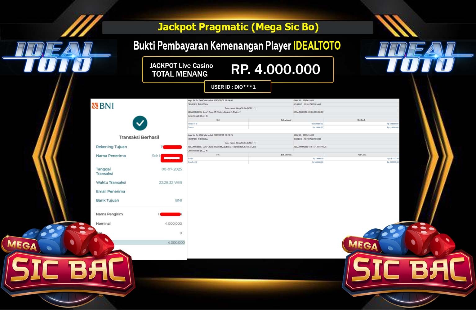 IDEALTOTO JACKPOT LIVE CASINO MEGA SIC BO Rp.4.000.000,- LUNAS