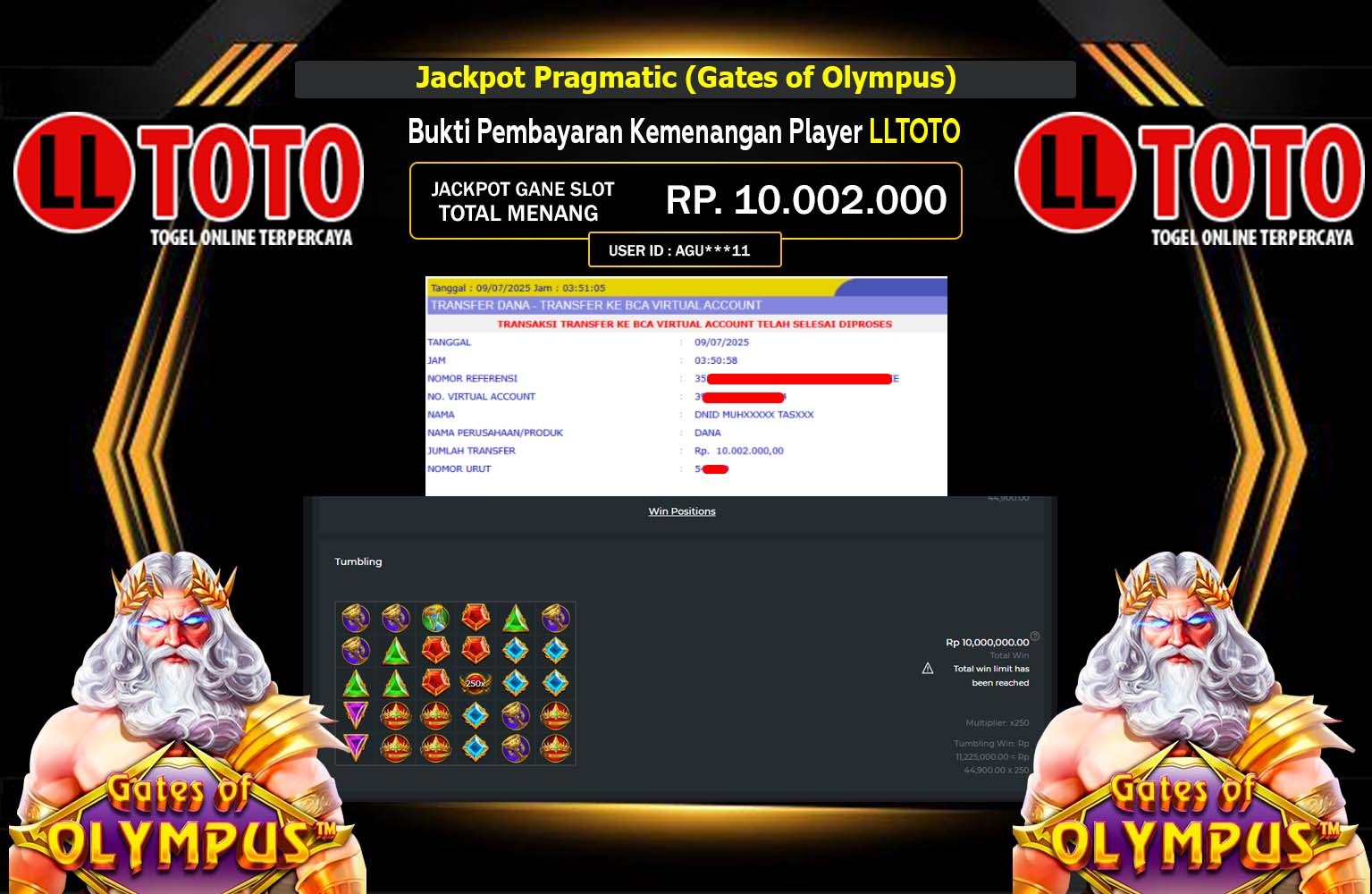 LLTOTO JACKPOT Pragmatic (Gates of Olympus ) Rp.10.002.000,- LUNAS