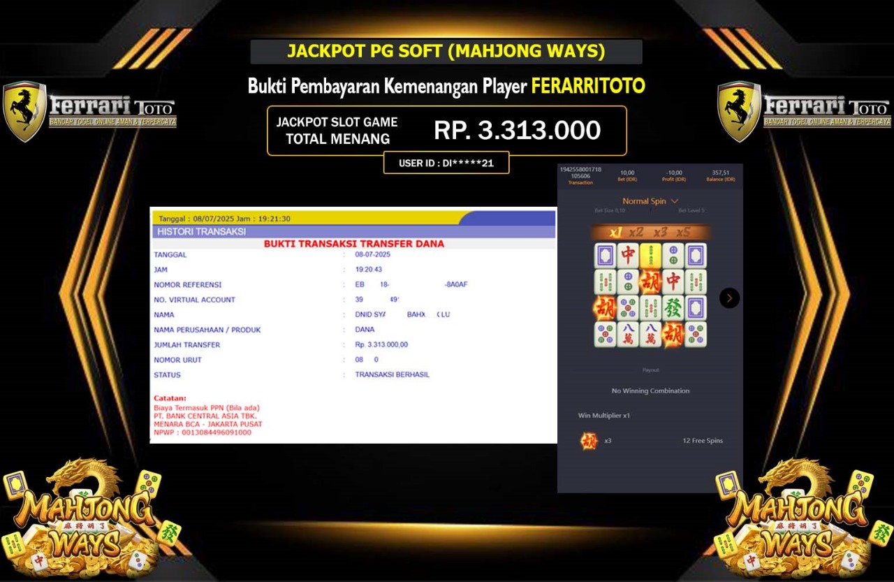 FERARRITOTO JACKPOT PG SOFT MAHJONG WAYS Rp.3.313.000,- LUNAS