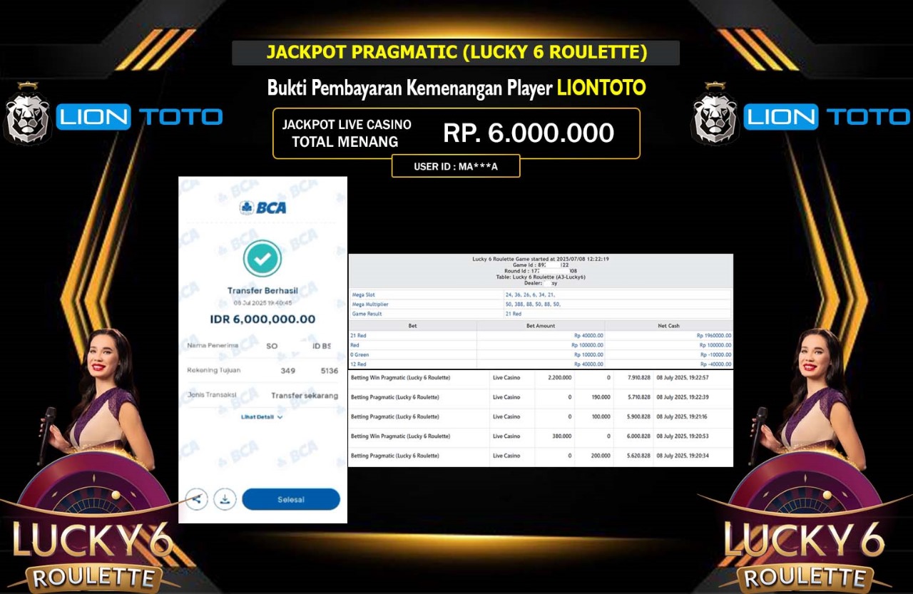 LIONTOTO JACKPOT LIVE CASINO LUCKY 6 ROULETTE Rp.6.000.000,- LUNAS