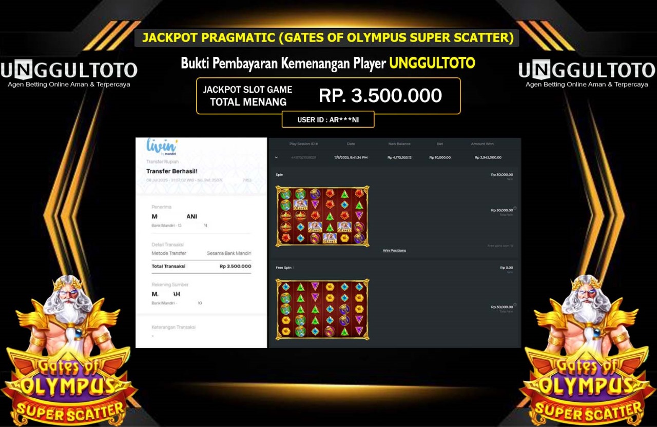 UNGGULTOTO JACKPOT PRAGMATIC GATES OF OLYMPUS SUPER SCATTER Rp.3.500.000,- LUNAS