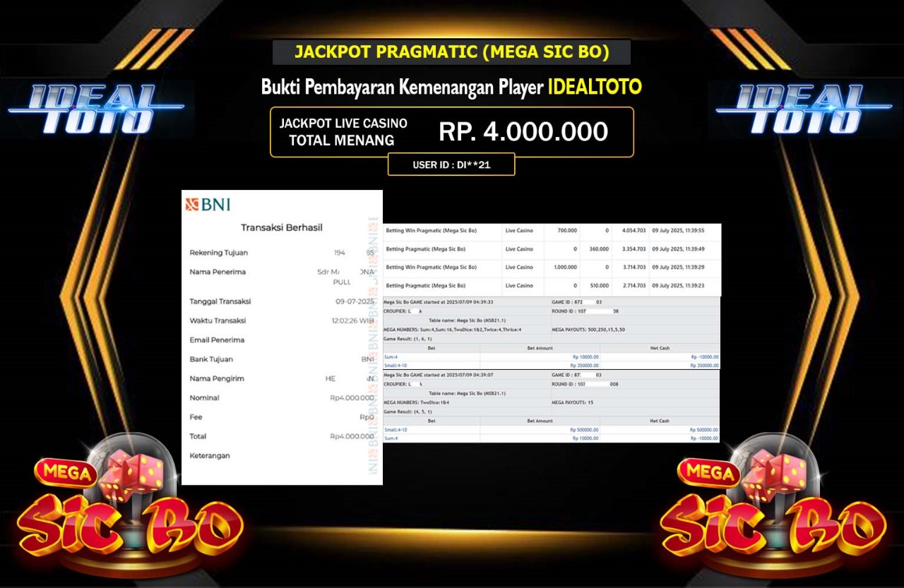 IDEALTOTO JACKPOT LIVE CASINO MEGA SIC BO Rp.4.000.000,- LUNAS