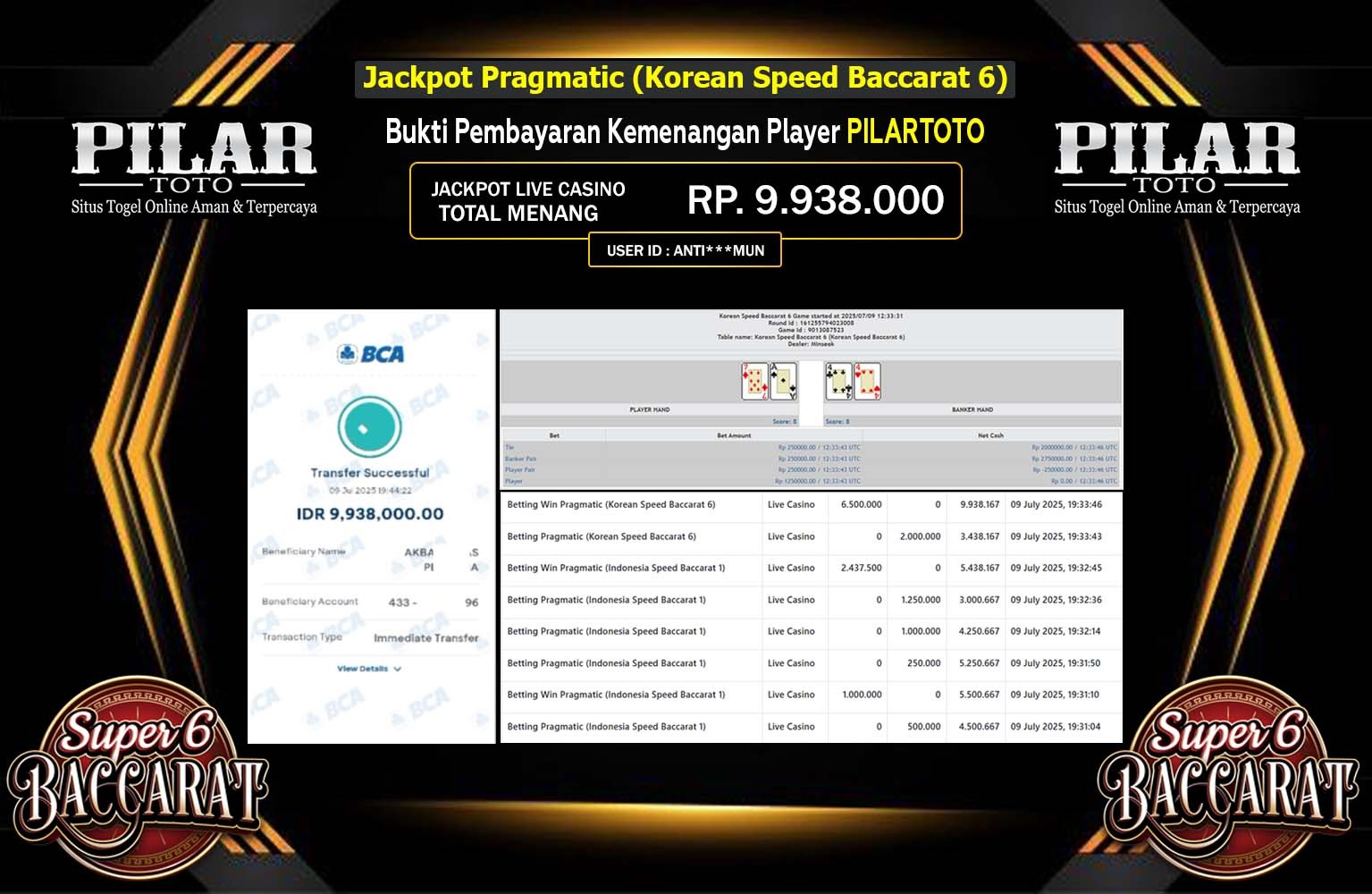 PILARTOTO JACKPOT LIVE CASINO KOREA SPEED BACCARAT 6  Rp.9.938.000,- LUNAS