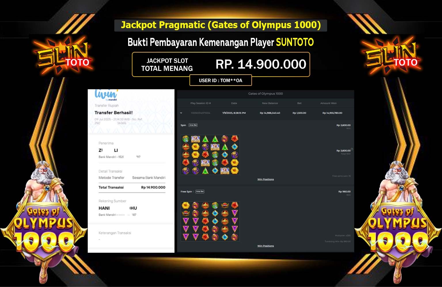 SUNTOTO JACKPOT SLOT GATES OF OLYMPUS 1000  Rp.14.900.000,- LUNAS