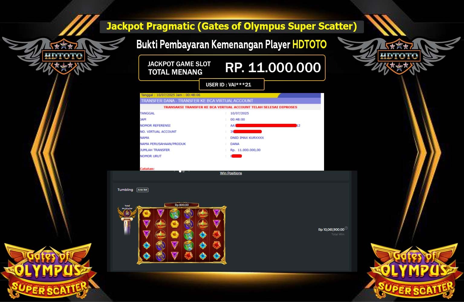 HDTOTO JACKPOT Pragmatic (Gates of Olympus Super Scatter) Rp.11.000.000,- LUNAS
