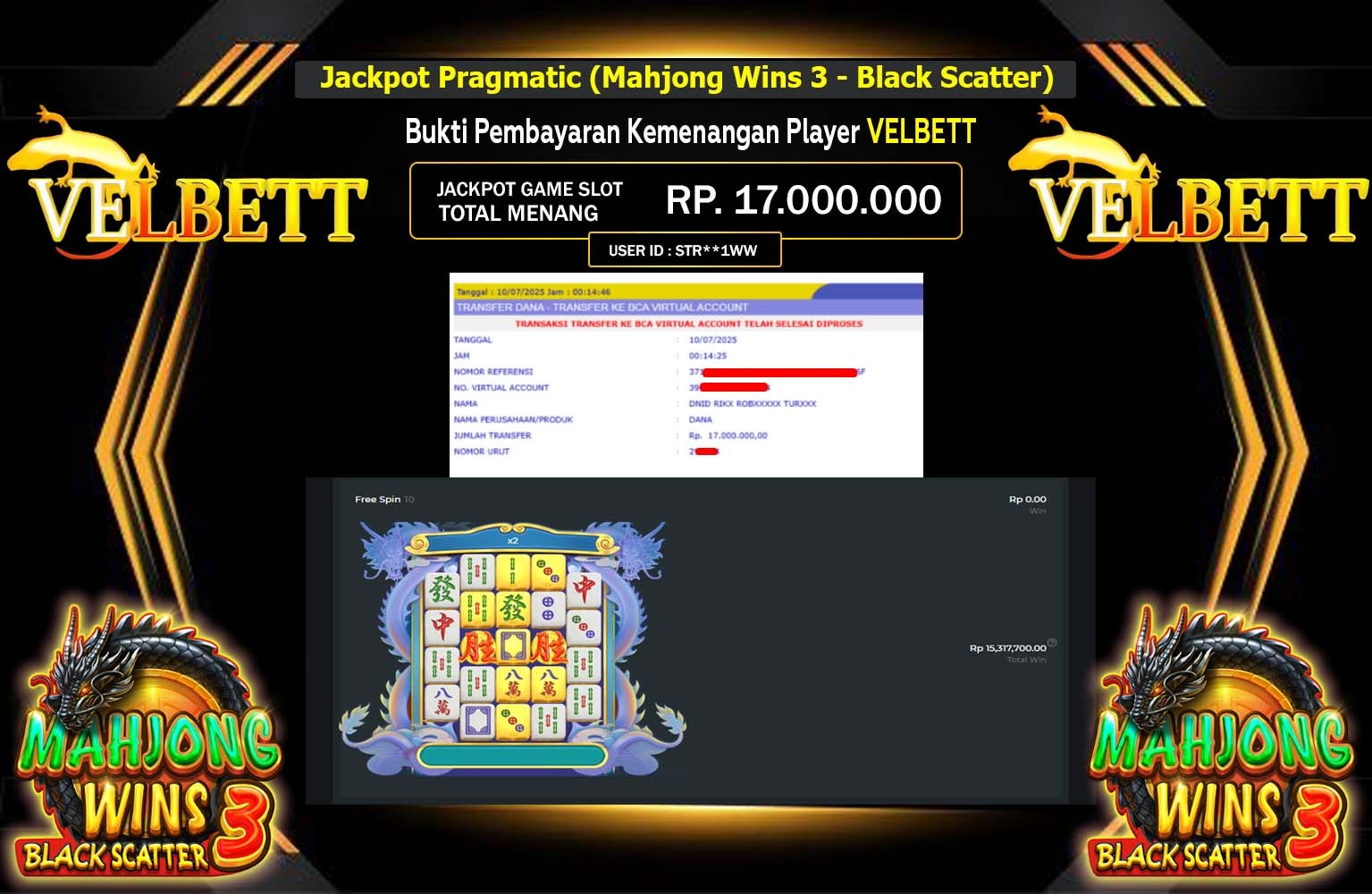 VELBETT JACKPOT Pragmatic (Mahjong Wins 3 - Black Scatter) Rp.17.000.000,- LUNAS