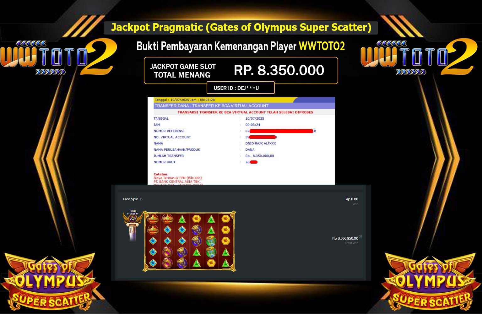 WWTOTO2 JACKPOT Pragmatic (Gates of Olympus Super Scatter)  Rp.8.350.000,- LUNAS