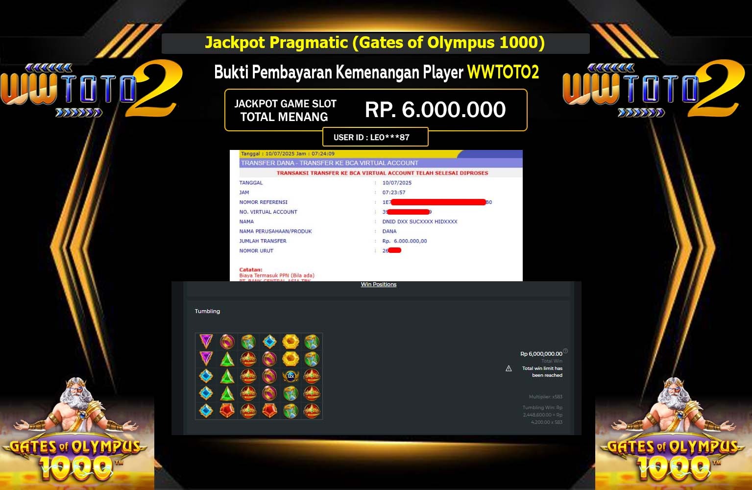WWTOTO2 JACKPOT Pragmatic (Gates of Olympus 1000)  Rp.6.000.000,- LUNAS