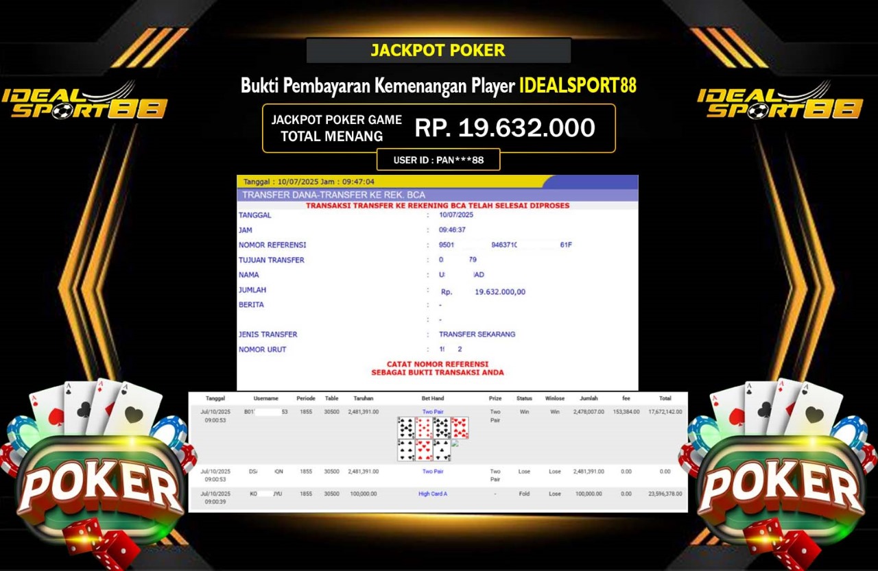 IDEALSPORT88 JACKPOT POKER Rp.19.632.000,- LUNAS
