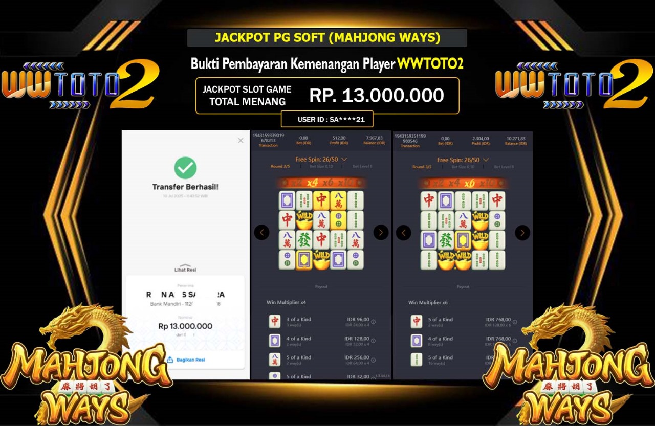 WWTOTO2 JACKPOT PG SOFT (MAHJONG WAYS)Rp.13.000.000,- LUNAS
