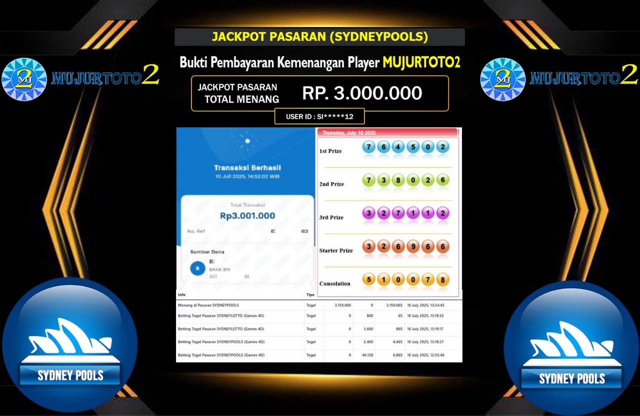 MUJURTOTO2 JACKPOT PASARAN (SYDNEYPOOLS) Rp.3.000.000,- LUNAS