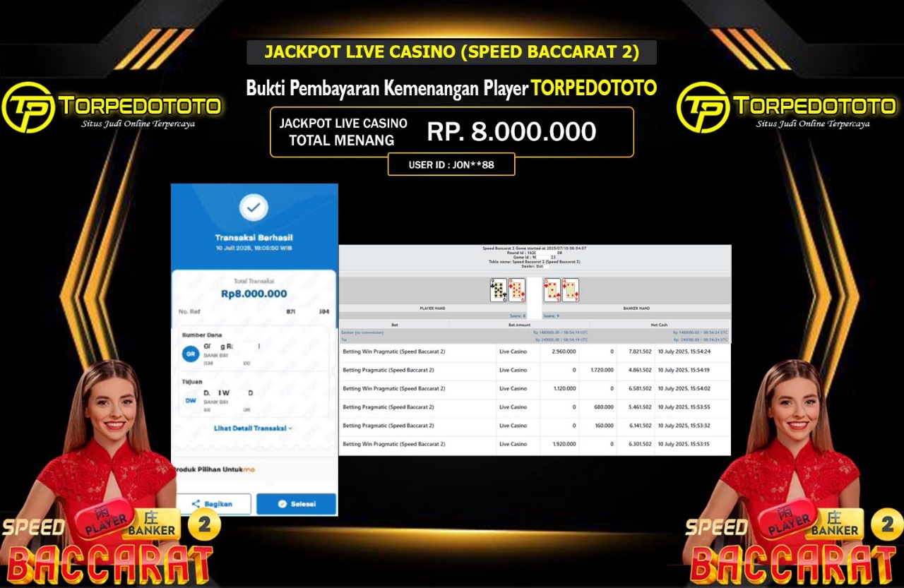 TORPEDOTOTO JACKPOT LIVE CASINO (SPEED BACCARAT 2) Rp.8.000.000,- LUNAS