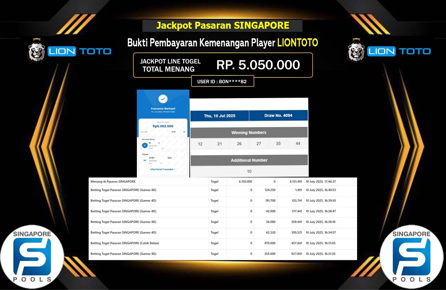 LIONTOTO JACKPOT TOGEL SINGAPORE POOLS  Rp.5.050.000,- LUNAS