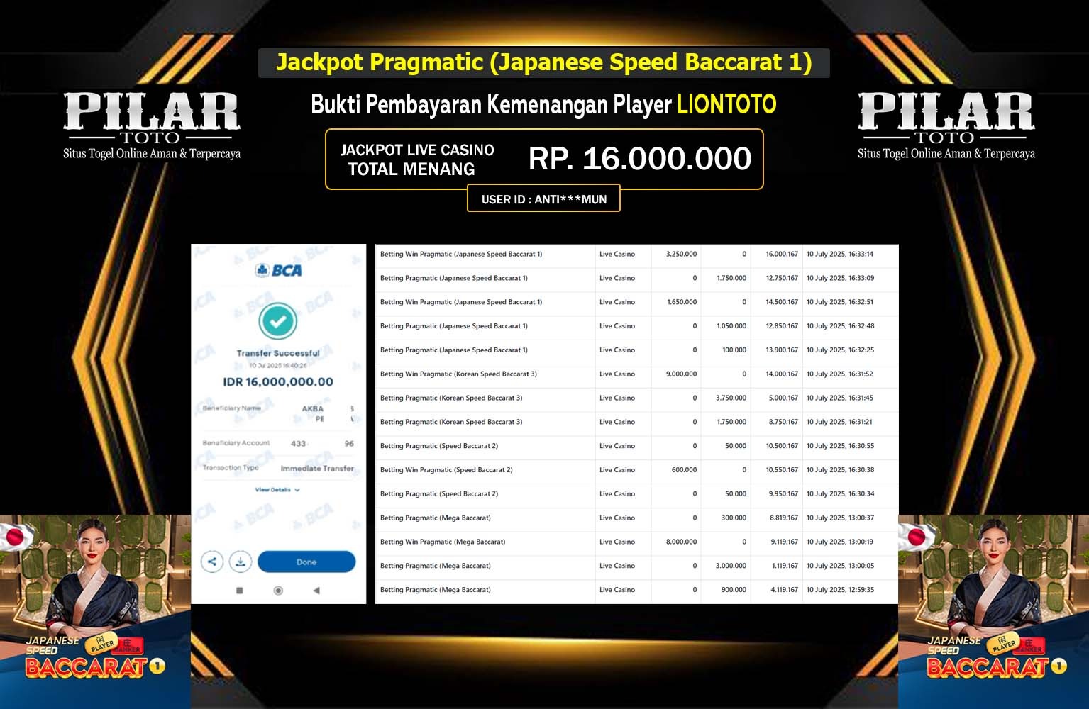 PILARTOTO JACKPOT LIVE CASINO JAPANESE SPEED BACCARAT 1  Rp.16.000.000,- LUNAS