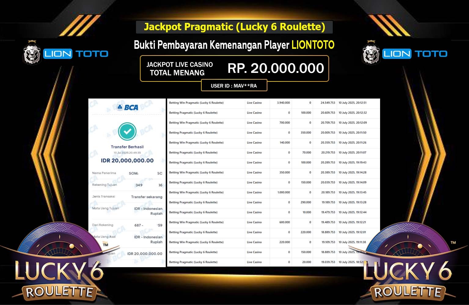 LIONTOTO JACKPOT LIVE CASINO LUCKY 6 ROULETTE  Rp.20.000.000,- LUNAS
