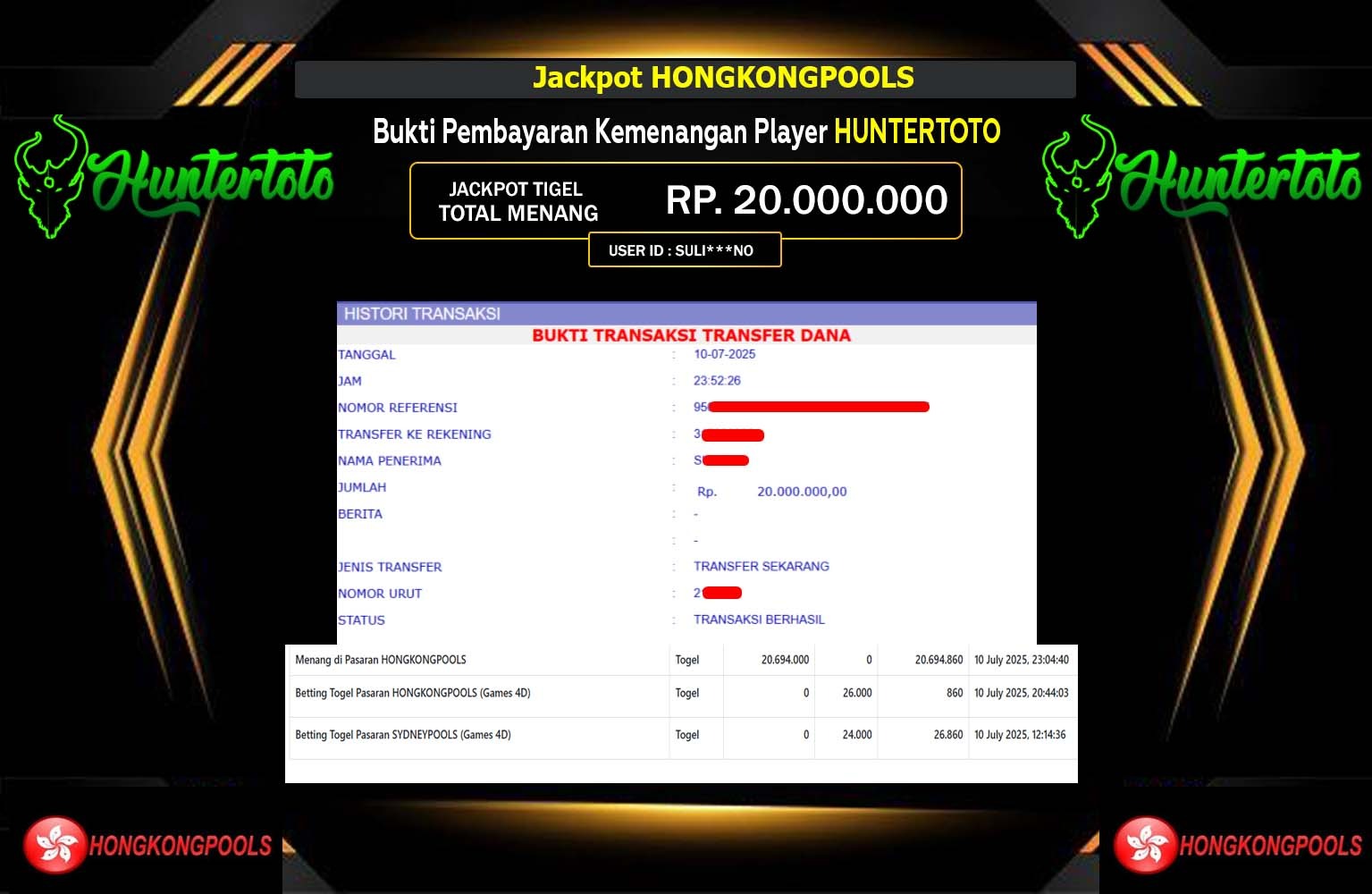 HUNTERTOTO JACKPOT PASARAN HONGKONGPOOLS Rp.20.000.000,- LUNAS
