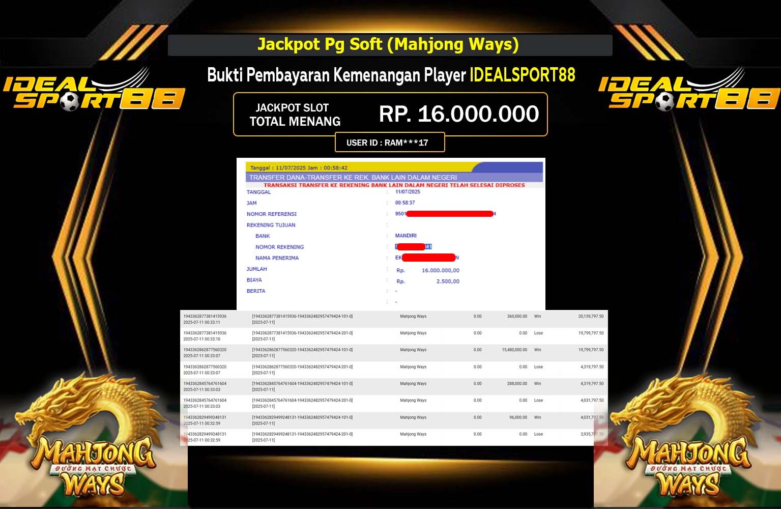 IDEALSPORT88 JACKPOT SLOT MAHJONG WAYS Rp.16.000.000,- LUNAS