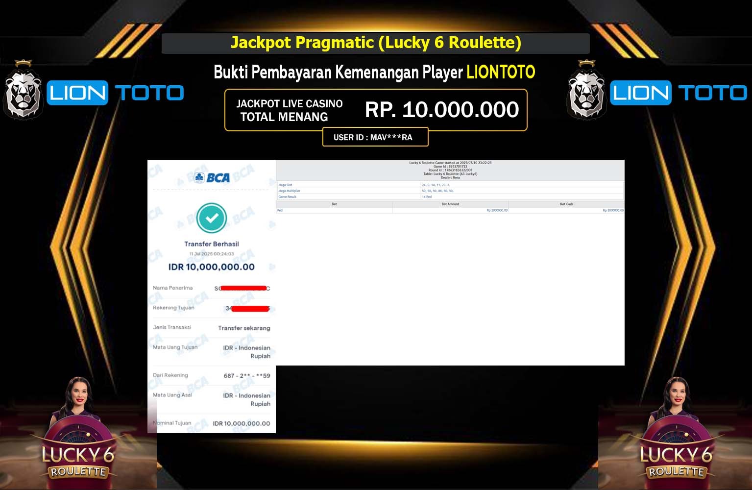 LIONTOTO JACKPOT LIVE CASINO LUCKY 6 ROULETTE  Rp.10.000.000,- LUNAS