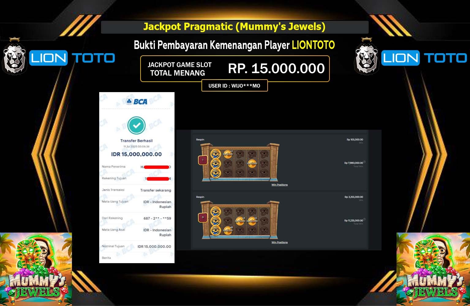 LIONTOTO JACKPOT Pragmatic (Mummy's Jewels)  Rp.15.000.000,- LUNAS