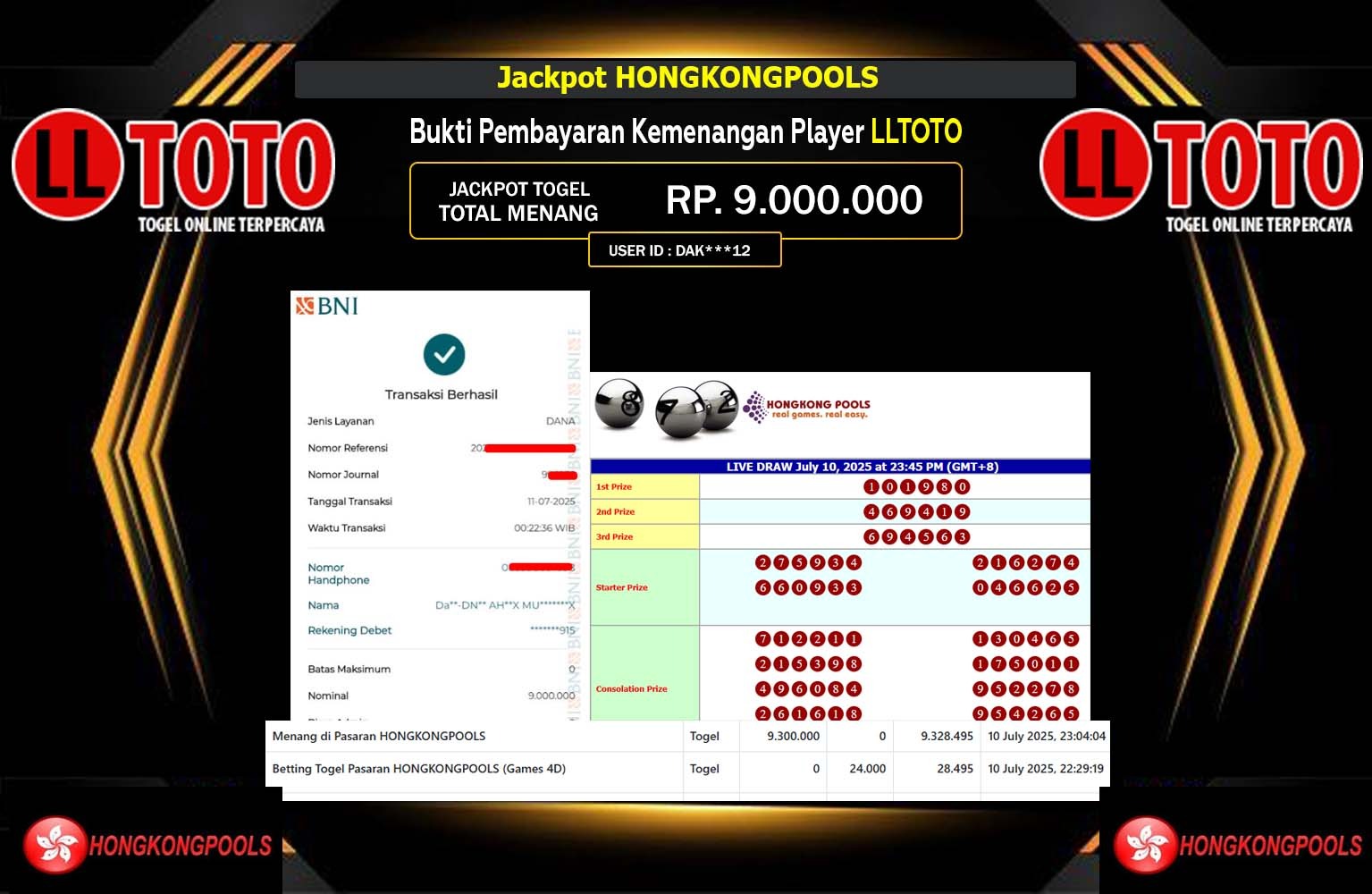 LLTOTO JACKPOT HONGKONGPOOLS  Rp.9.000.000,- LUNAS