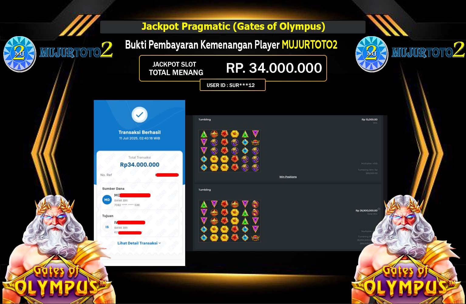 MUJURTOTO2 JACKPOT Pragmatic (Gates of Olympus ) Rp.34.000.000,- LUNAS