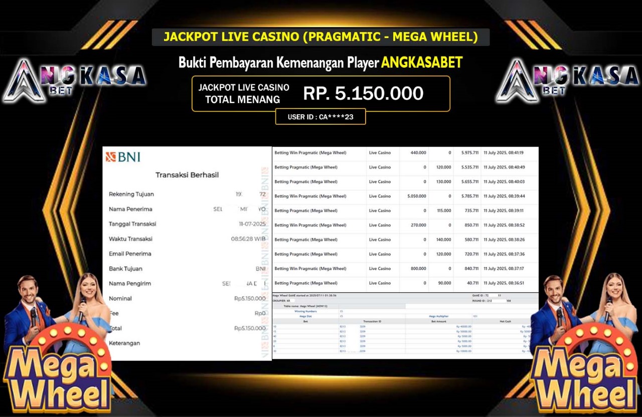 ANGKASABET JACKPOT LIVE CASINO (PRAGMATIC - MEGA WHEEL) Rp.5.150.000,- LUNAS