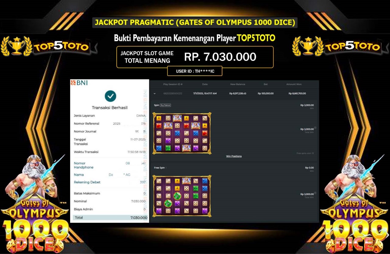 TOP5TOTO JACKPOT PRAGMATIC (GATES OF OLYMPUS 1000 DICE) Rp.7.030.000,- LUNAS