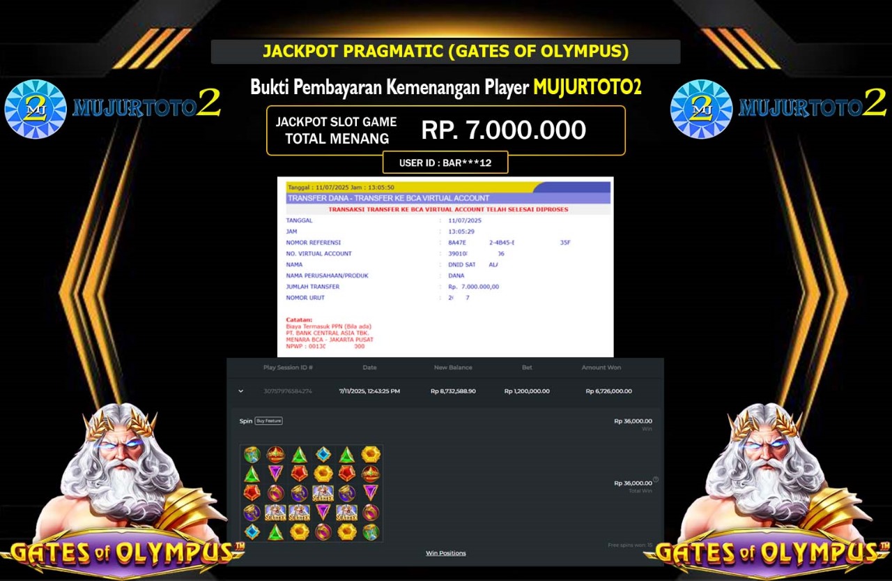 MUJURTOTO2 JACKPOT PRAGMATIC (GATES OF OLYMPUS) Rp.7.000.000,- LUNAS