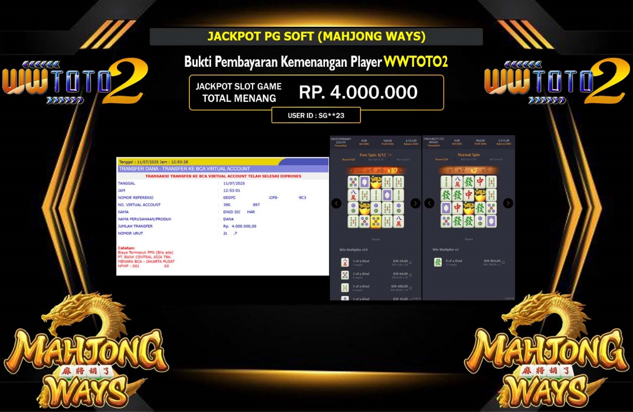 WWTOTO2 JACKPOT PG SOFT (MAHJONG WAYS) Rp.4.000.000,- LUNAS
