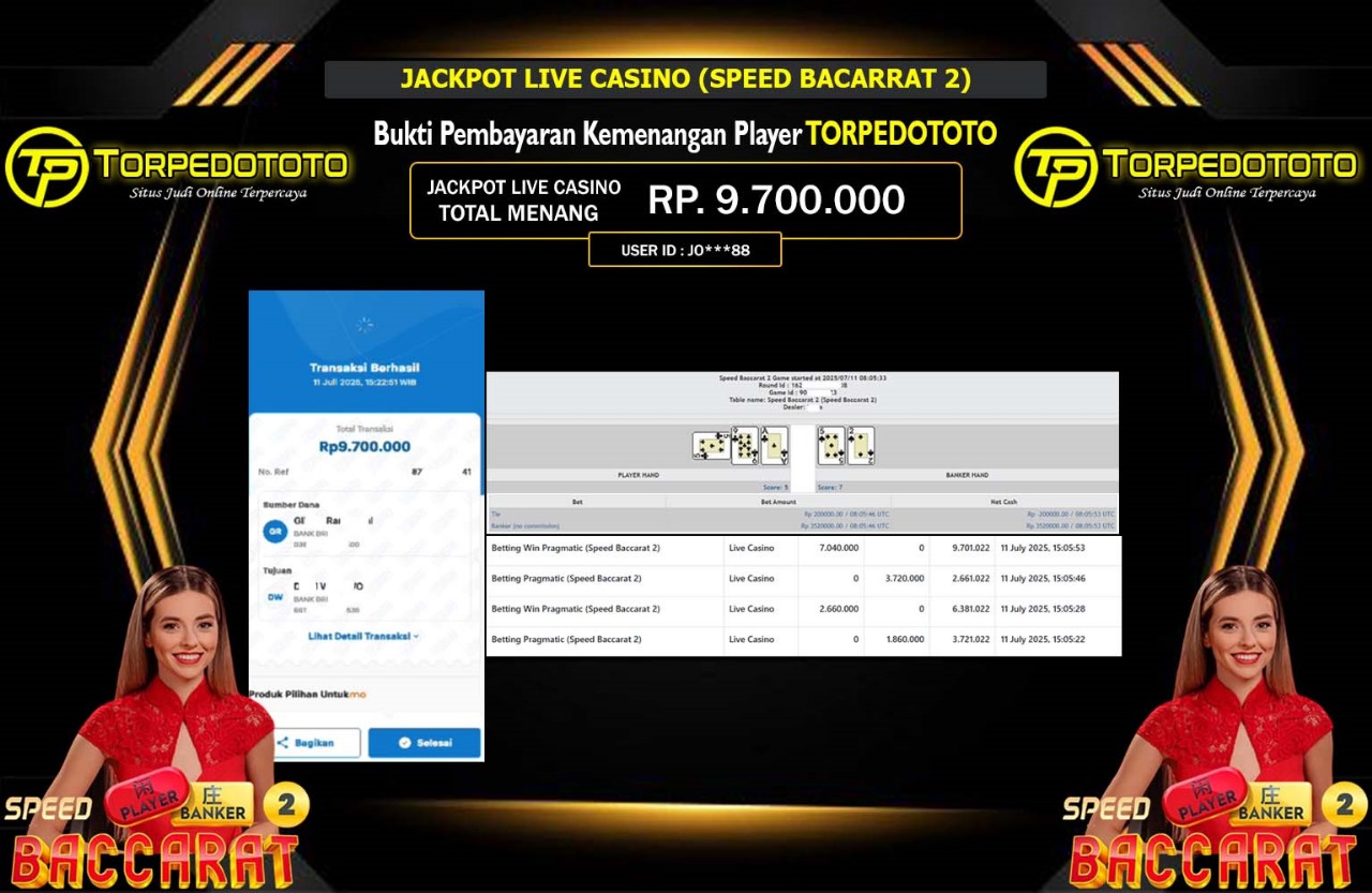 TORPEDOTOTO JACKPOT LIVE CASINO (SPEED BACARRAT 2) Rp.9.7000.000,- LUNAS