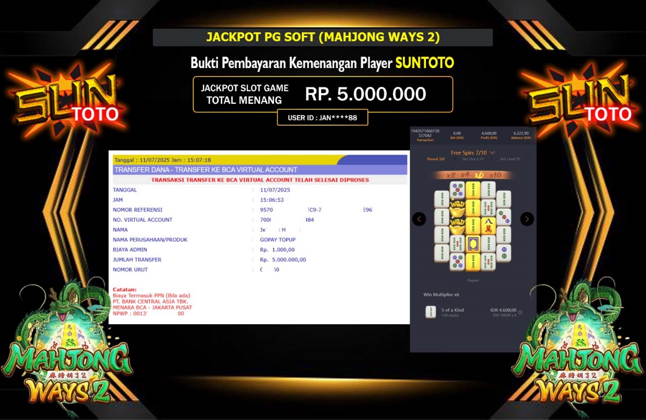 SUNTOTO JACKPOT PG SOFT (MAHJONG WAYS 2) Rp.5.000.000,- LUNAS
