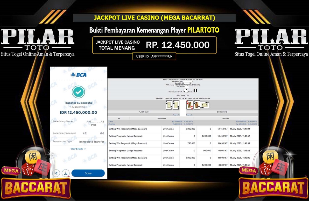 PILARTOTO JACKPOT LIVE CASINO (MEGA BACARRAT) Rp.12.450.000,- LUNAS