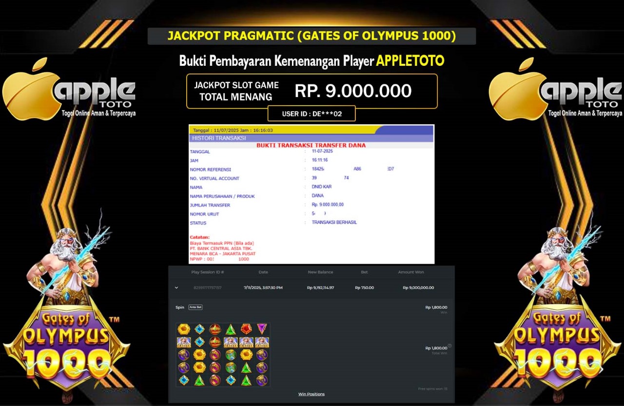 APPLETOTO JACKPOT PRAGMATIC (GATES OF OLYMPUS 1000) Rp.9.000.000,- LUNAS