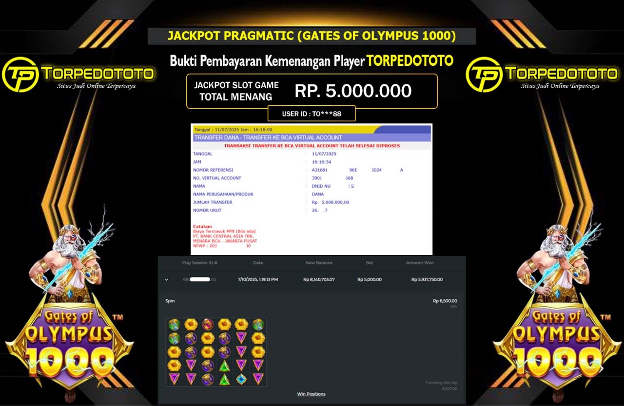 TORPEDOTOTO JACKPOT PRAGMATIC (GATES OF OLYMPUS 1000) Rp.5.000.000,- LUNAS