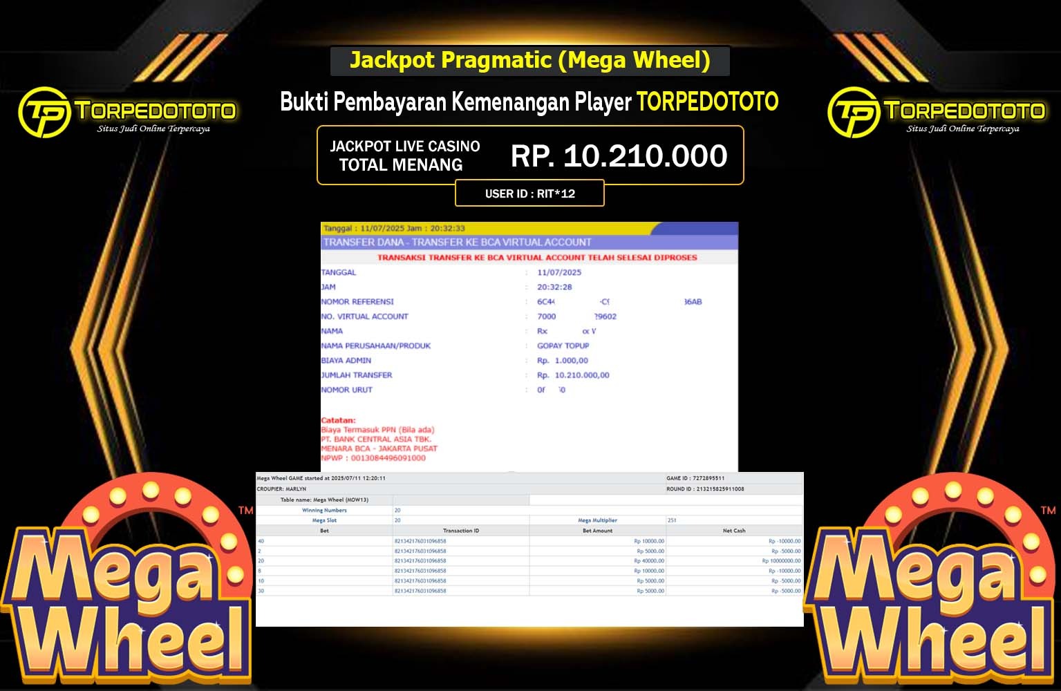 TORPEDOTOTO JACKPOT LIVE CASINO MEGA WHEEL  Rp.10.210.000,- LUNAS