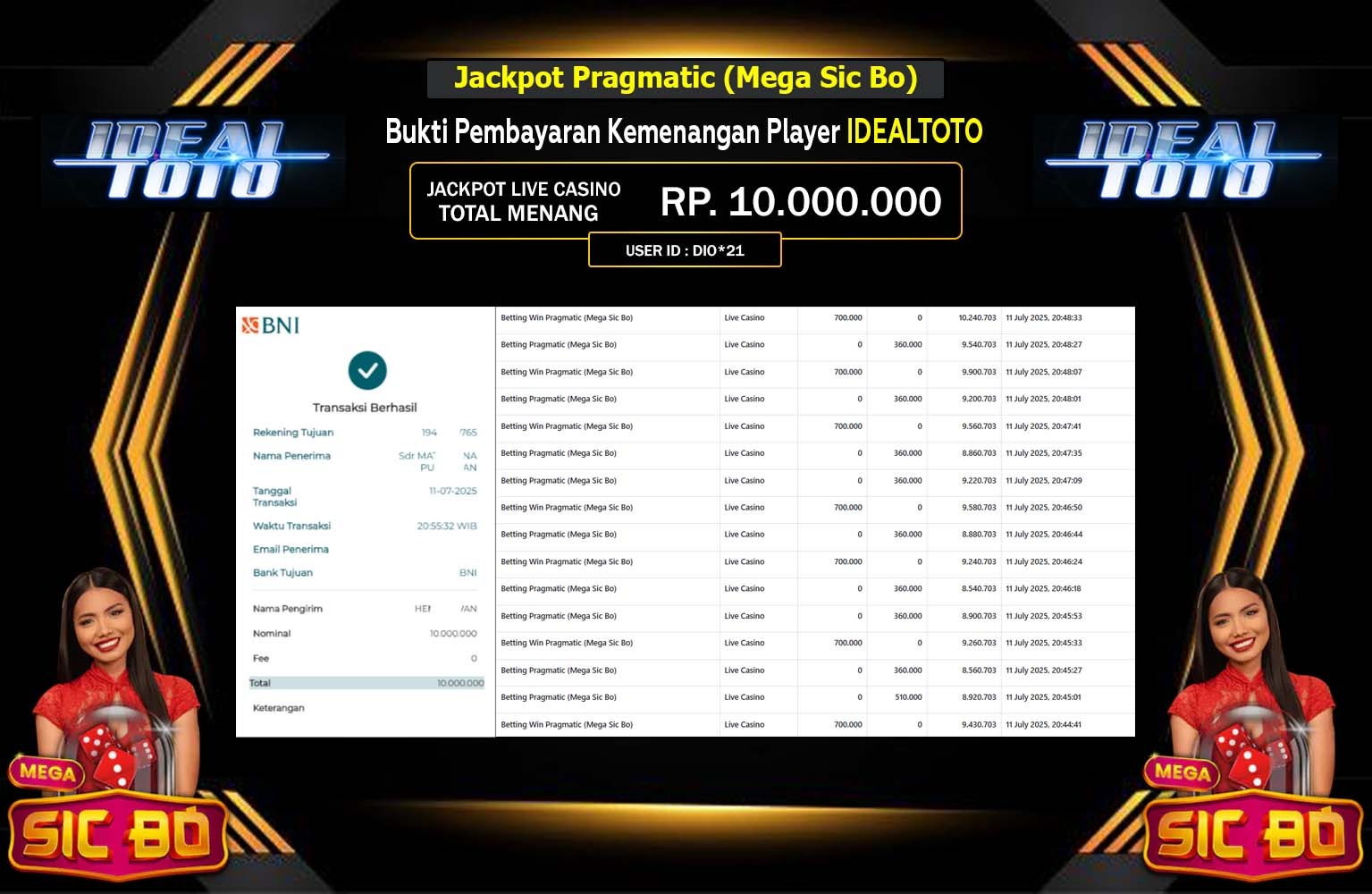 IDEALTOTO JACKPOT LIVE CASINO MEGA SIC BO  Rp.10.000.000,- LUNAS