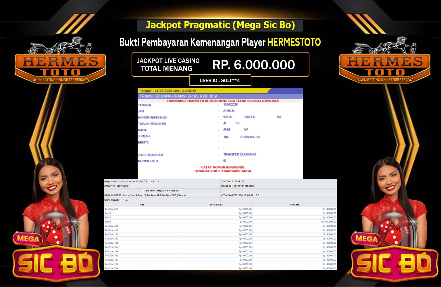 HERMESTOTO JACKPOT LIVE CASINO MEGA SIC BO  Rp.6.000.000,- LUNAS