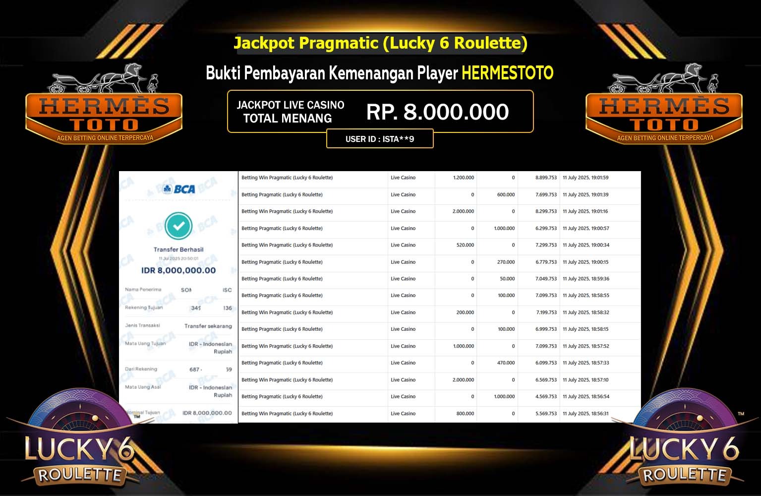 HERMESTOTO JACKPOT LIVE CASINO LUCKY 6 ROULETTE  Rp.8.000.000,- LUNAS